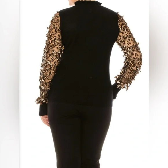 Sioni Leopard Lace Mesh Long Sleeve Ruffle Mock Neck Sweater Top Size Medium - Picture 3 of 8